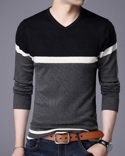 Męski sweter z dekoltem w serek z białym pasem