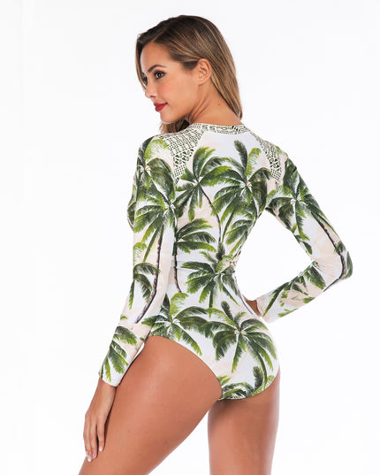 Damski jednoczęściowy strój kąpielowy sportowy z motywem liści