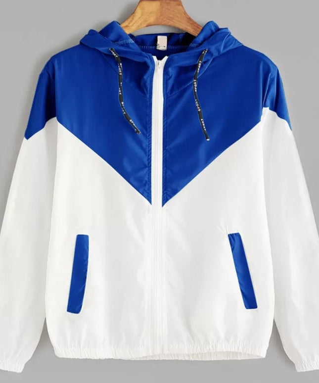 Damska kurtka przejściowa przeciwdeszczowa kontrastowa z kapturem
