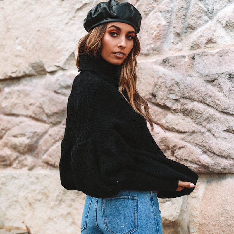 Damski sweter z golfem oversize z bufiastymi rękawami