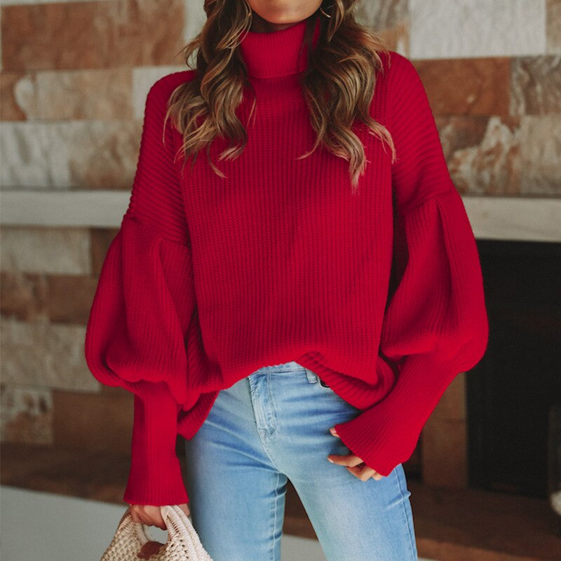 Damski sweter z golfem oversize z bufiastymi rękawami