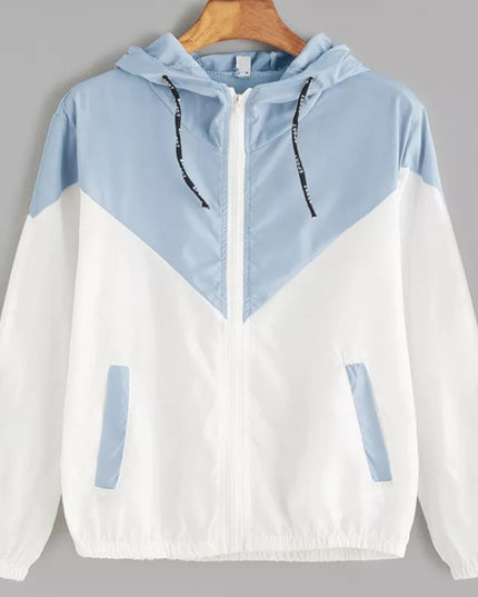 Damska kurtka przejściowa przeciwdeszczowa kontrastowa z kapturem