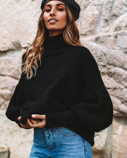 Damski sweter z golfem oversize z bufiastymi rękawami