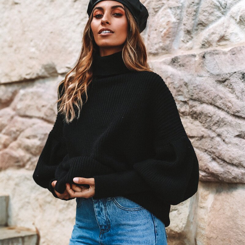 Damski sweter z golfem oversize z bufiastymi rękawami