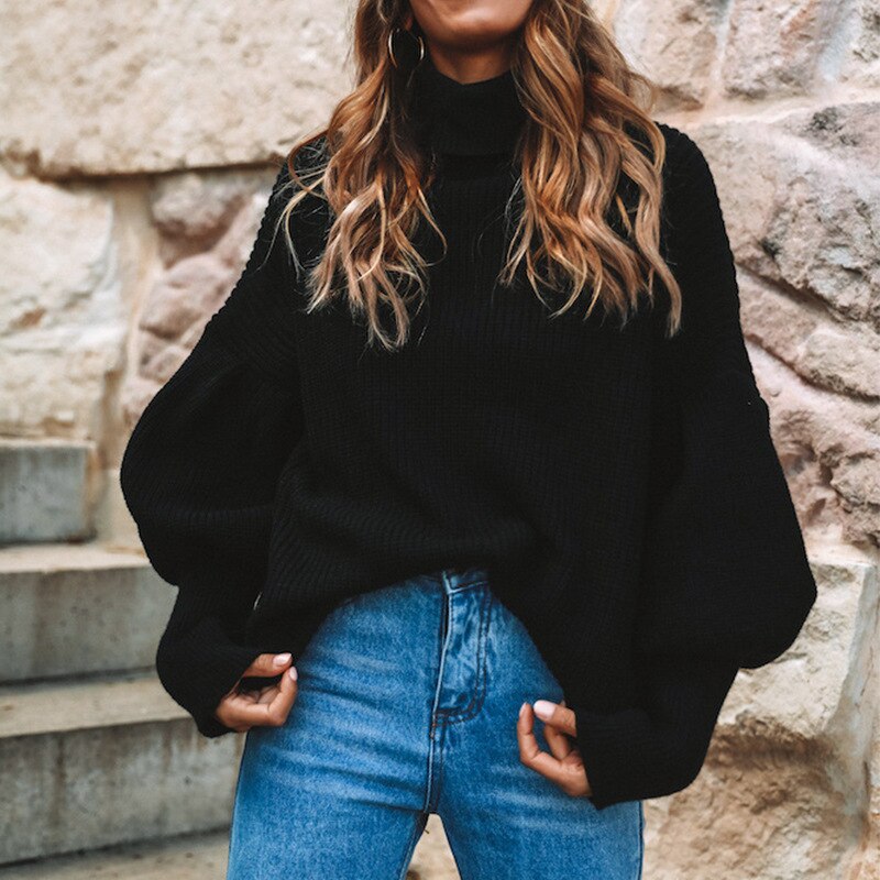 Damski sweter z golfem oversize z bufiastymi rękawami