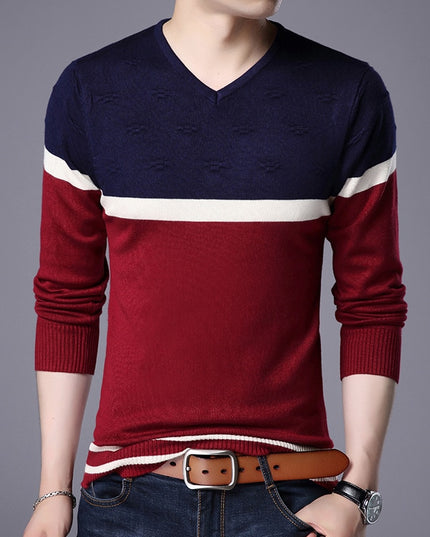 Męski sweter z dekoltem w serek z białym pasem