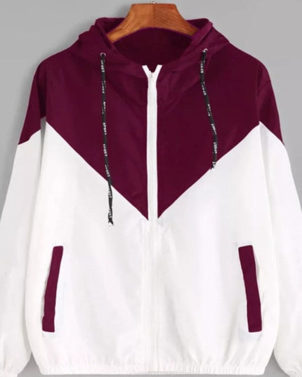 Damska kurtka przejściowa przeciwdeszczowa kontrastowa z kapturem