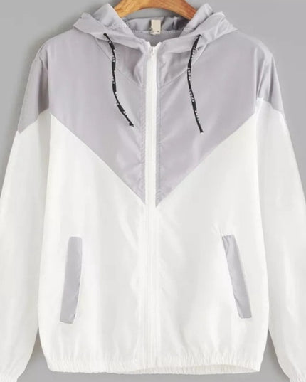 Damska kurtka przejściowa przeciwdeszczowa kontrastowa z kapturem