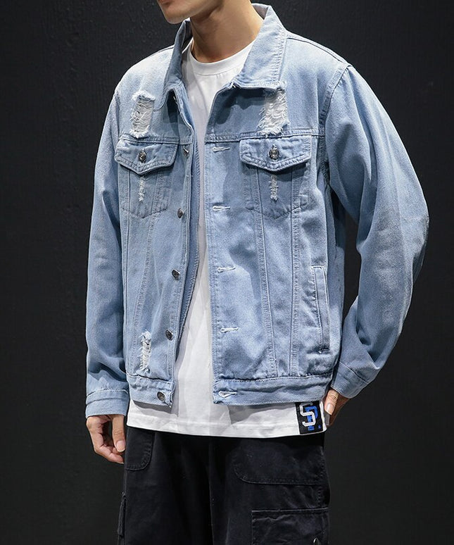 Męska kurtka jeansowa luźna z przetarciami