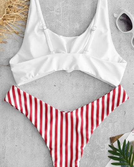 Damski dwuczęściowy strój kąpielowy z ozdobnym wiązaniem w paski
