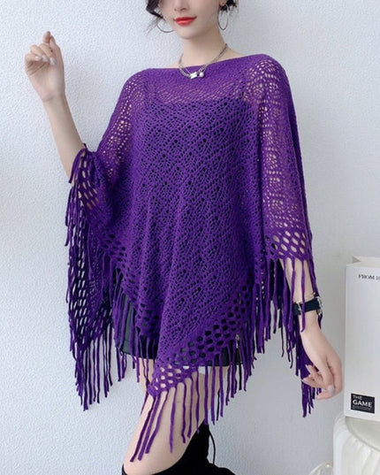 Damski sweter dziergany ażurowy typu ponczo