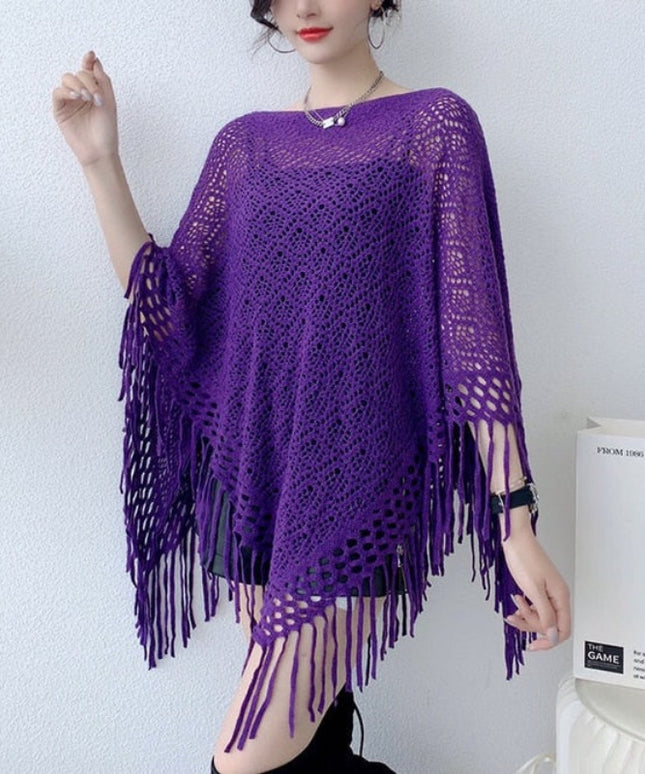 Damski sweter dziergany ażurowy typu ponczo