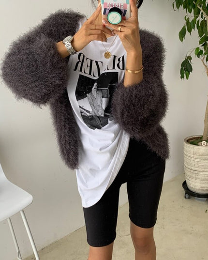 Damski sweter typu kardigan futrzany