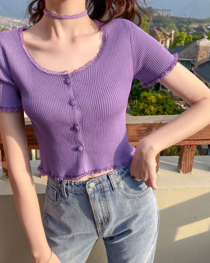 Damski T-Shirt w prążki z guzikami