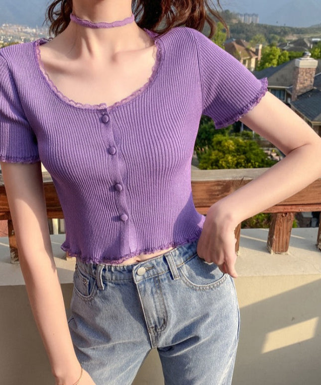 Damski T-Shirt w prążki z guzikami