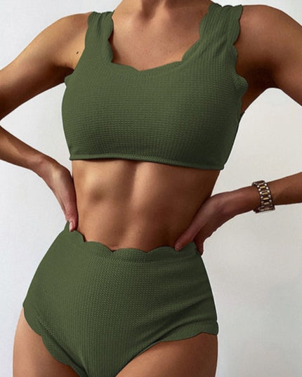 Damski dwuczęściowy strój kąpielowy bikini z wysokim stanem i falowanym wykończeniem