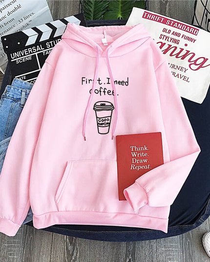 Męska bluza z napisem First. I need coffee