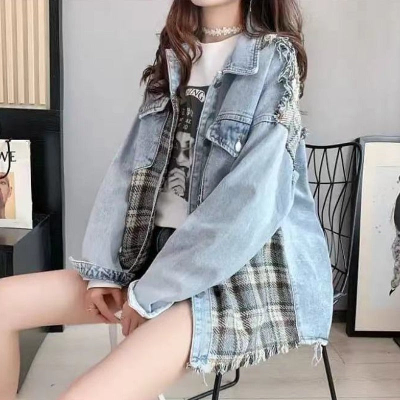 Damska kurtka jeansowa oversize z wstawkami w kratę