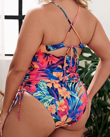 Damski jednoczęściowy strój kąpielowy plus size w kwiaty z wycięciem