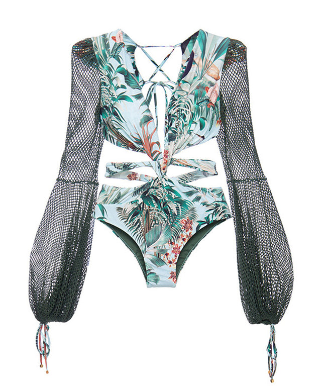 Jednoczęściowy strój kąpielowy monokini z bufiastymi rękawami