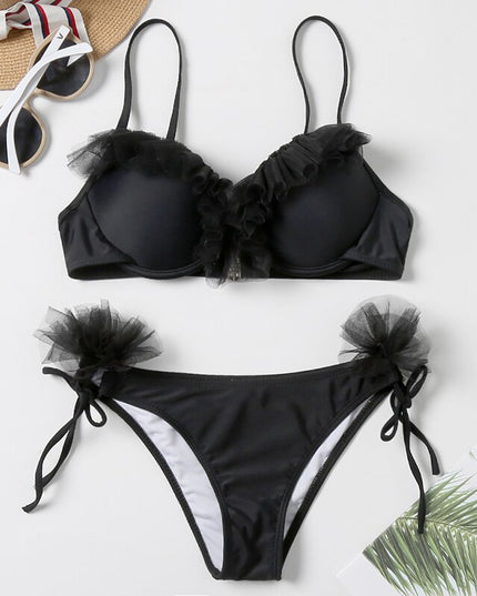 Damski dwuczęściowy strój kąpielowy bikini z tiulową falbanką i wiązaniem