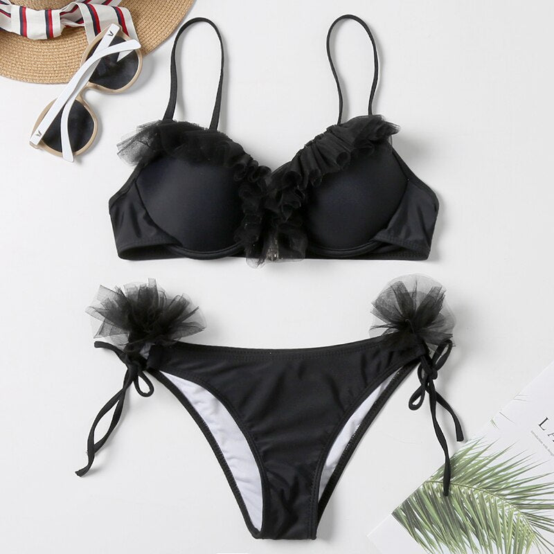Damski dwuczęściowy strój kąpielowy bikini z tiulową falbanką i wiązaniem