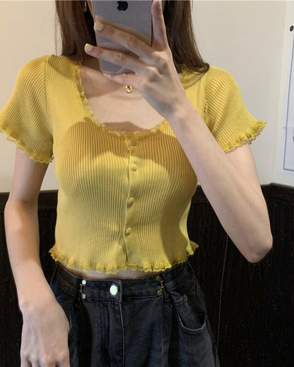 Damski T-Shirt w prążki z guzikami