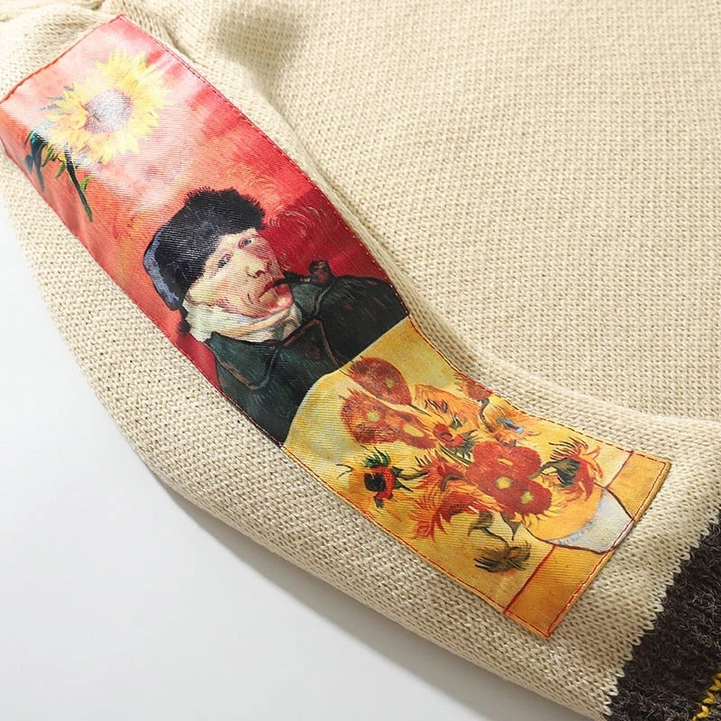 Męski sweter z dekoltem w łódkę i nadrukiem obrazów Van Gogha
