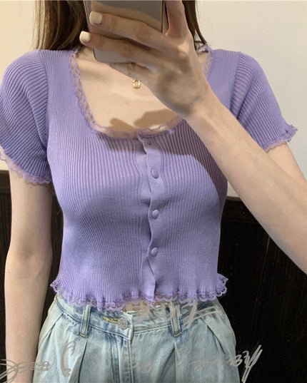 Damski T-Shirt w prążki z guzikami