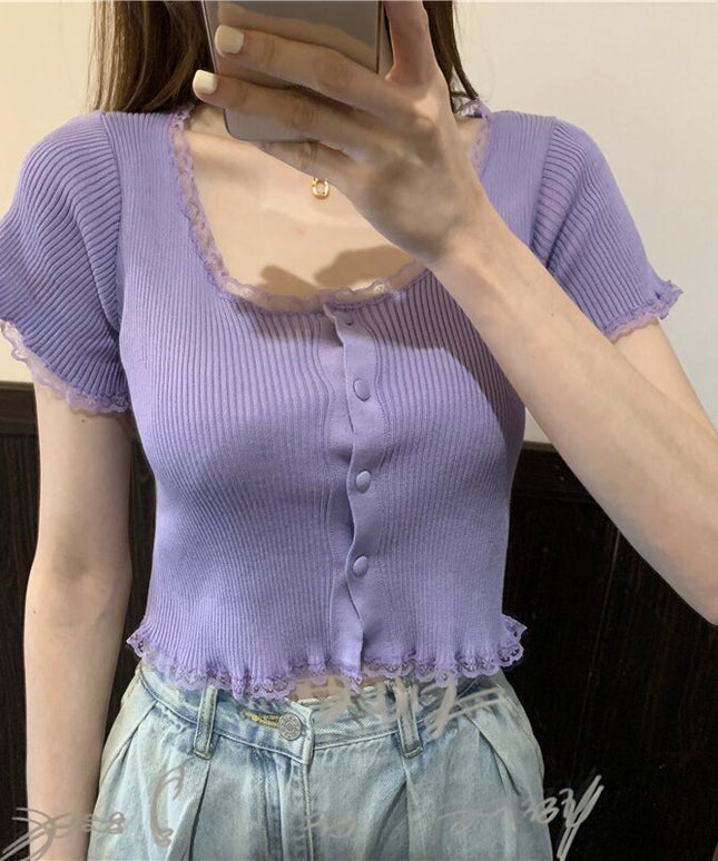 Damski T-Shirt w prążki z guzikami