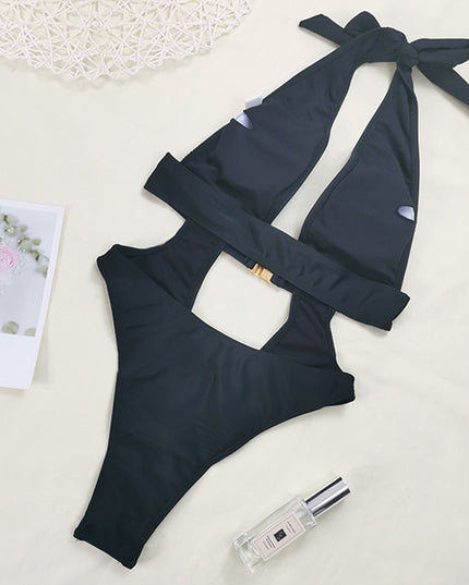 Jednoczęściowy strój kąpielowy monokini z klamrą wiązany na szyi