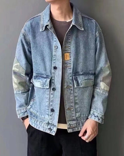 Męska kurtka jeansowa luźna ze wstawkami moro
