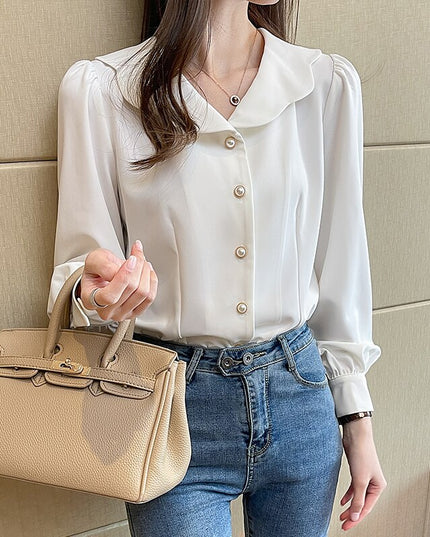 Damska koszula z ozdobnym kołnierzykiem i guzikami z imitacją pereł