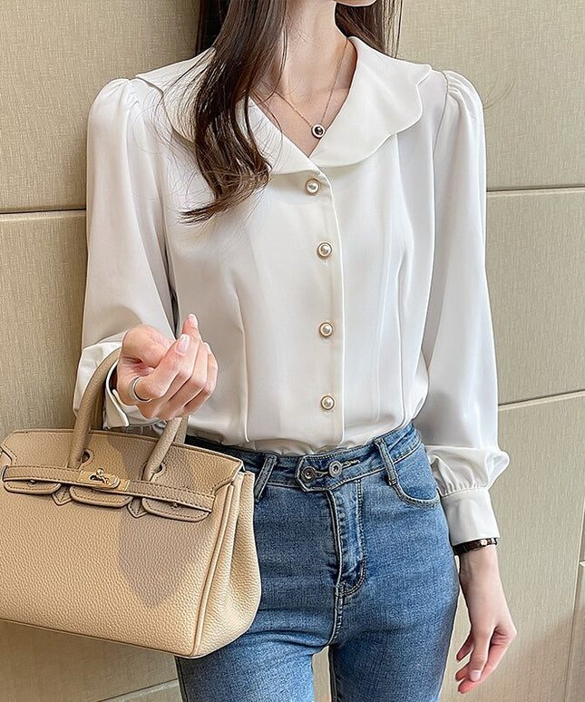 Damska koszula z ozdobnym kołnierzykiem i guzikami z imitacją pereł