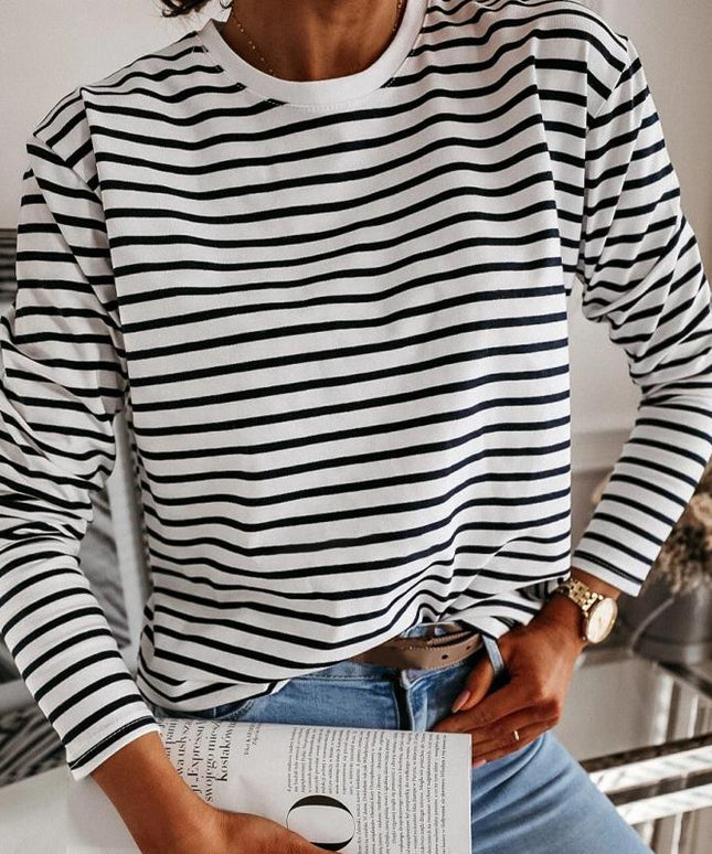 Damska koszulka z długim rękawem w paski o luźnym kroju