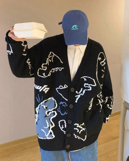 Męski sweter typu kardigan z dinozaurami