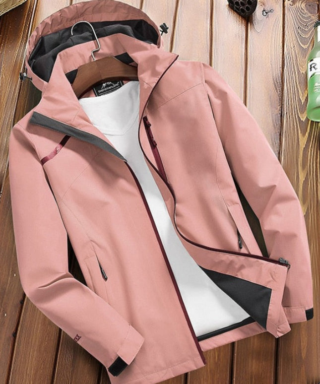 Damska kurtka przejściowa przeciwdeszczowa z kapturem o prostym kroju