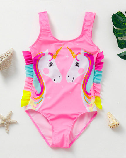 Jednoczęściowy strój kąpielowy dla dziewczynki z jednorożcem z falbankami