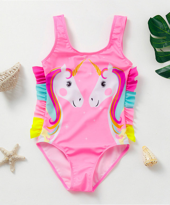 Jednoczęściowy strój kąpielowy dla dziewczynki z jednorożcem z falbankami