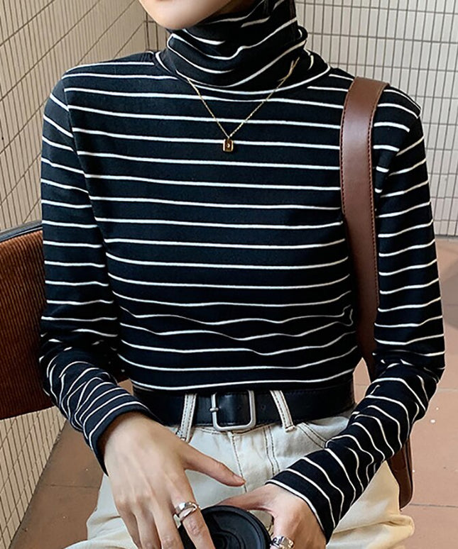 Damska koszulka z długim rękawem w paski z golfem