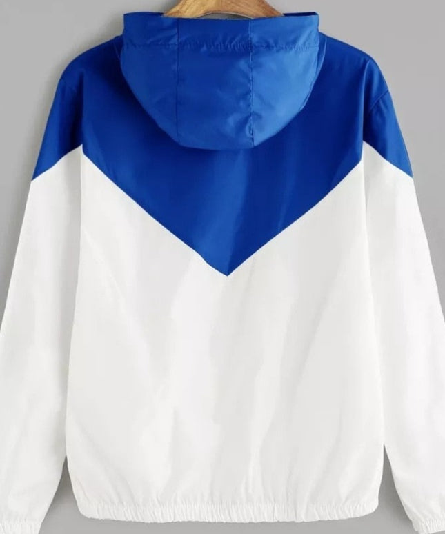 Damska kurtka przejściowa przeciwdeszczowa kontrastowa z kapturem