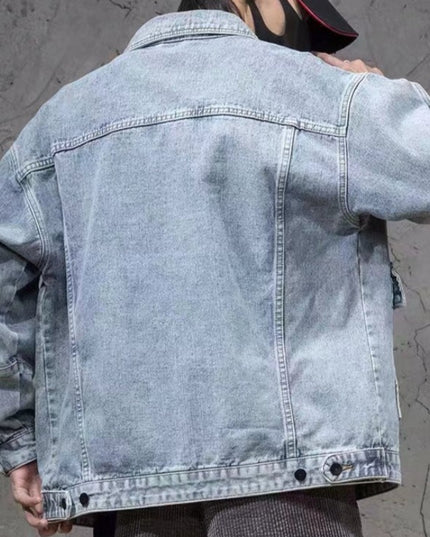 Męska kurtka jeansowa luźna ze wstawkami moro