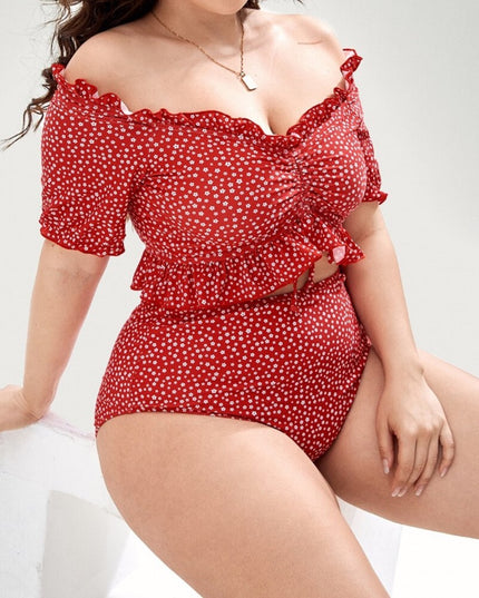 Damski dwuczęściowy strój kąpielowy bikini plus size w kwiatuszki z falbanką
