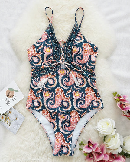 Damski jednoczęściowy strój kąpielowy z wiązanym dekoltem we wzory