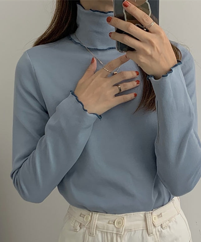 Damska koszulka z długim rękawem z golfem i falbanką