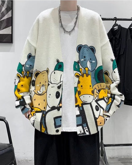 Męski sweter typu kardigan z nadrukiem zwierząt