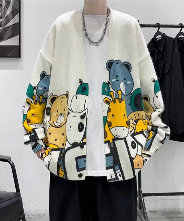 Męski sweter typu kardigan z nadrukiem zwierząt