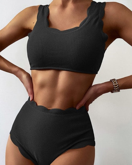 Damski dwuczęściowy strój kąpielowy bikini z wysokim stanem i falowanym wykończeniem