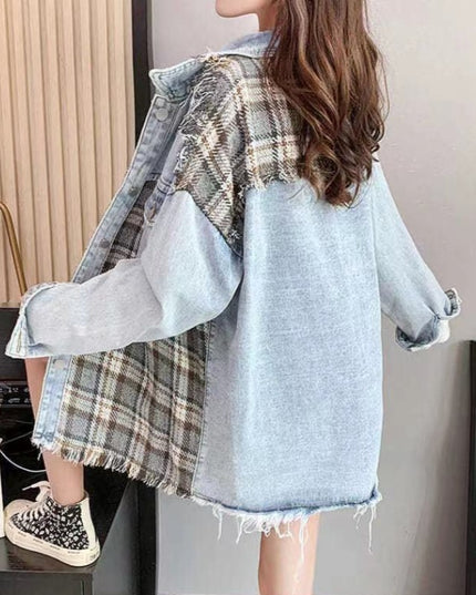 Damska kurtka jeansowa oversize z wstawkami w kratę