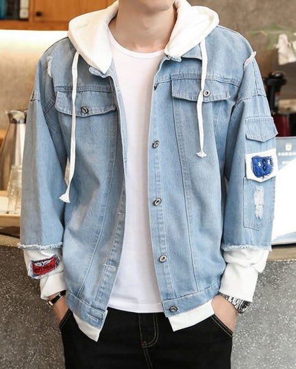 Męska kurtka jeansowa patchworkowa z kapturem i naszywkami